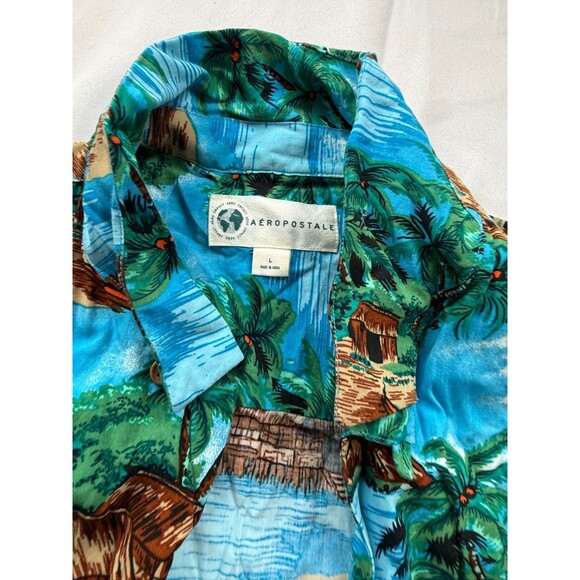 Aeropostale Mens Hawaiian Palm Trees Print The Resort Shirt Size Large Blue - Picture 2 of 6